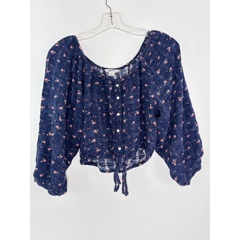 American Eagle Floral Button Front Tie Hem Crop‎ Top Navy Blue Small Boho Blouse